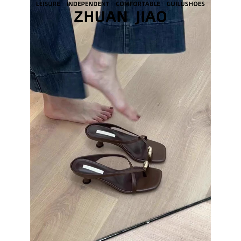 羊皮版~法式气质金属扣套趾高跟凉鞋女一字带凉拖鞋外穿罗马拖鞋