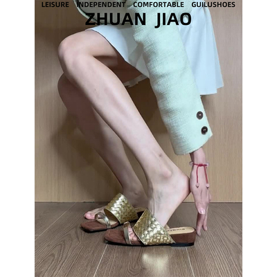 羊皮版~法式金色坡跟凉拖鞋女夏外穿绝美编织罗马鞋高跟露趾凉鞋