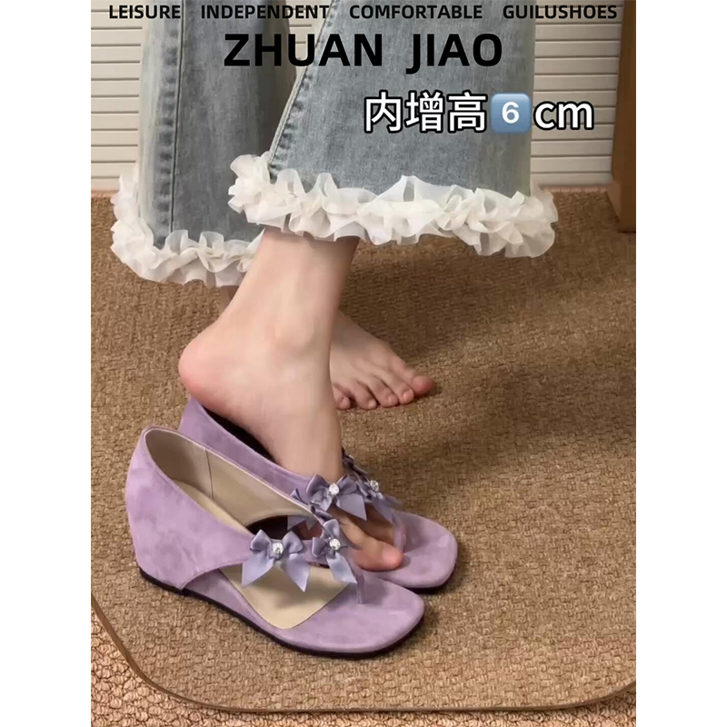羊皮版！内增高6cm人字夹趾凉鞋女夏外穿浅口单鞋法式高跟凉拖鞋