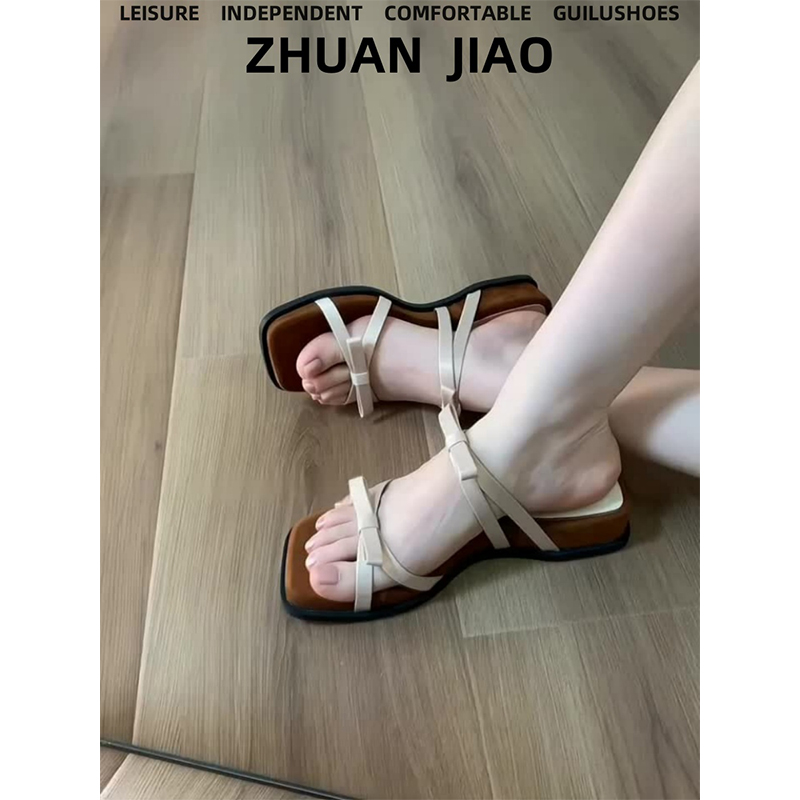 羊皮版~仙女风绸缎蝴蝶结露趾拖鞋女夏外穿配裙子绝美坡跟凉拖鞋