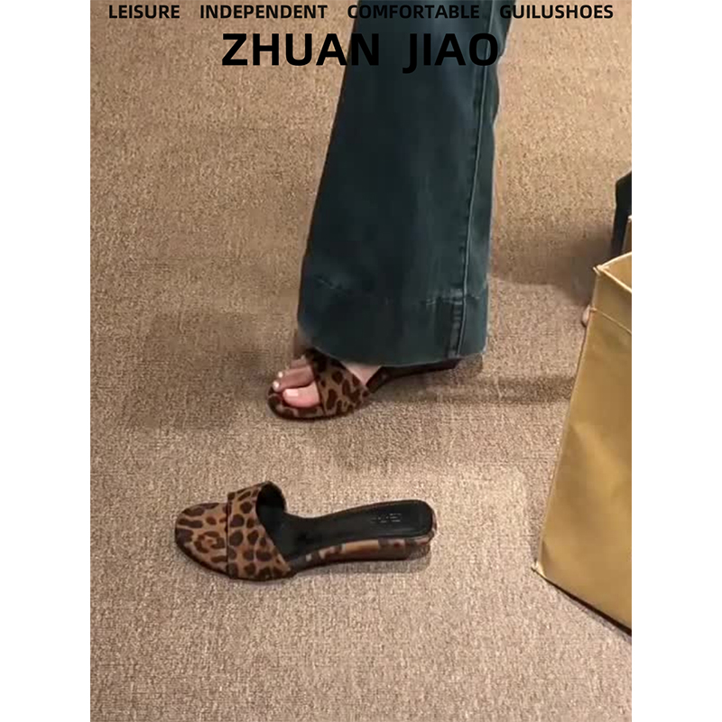 羊皮版~复古豹纹坡跟凉拖鞋女夏外穿一字拖法式气质高跟露趾凉鞋