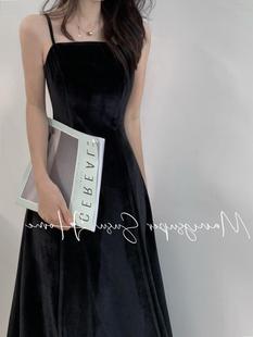 2025秋冬新款 连衣裙内搭长裙 复古优雅金丝绒黑色收腰吊带裙修身