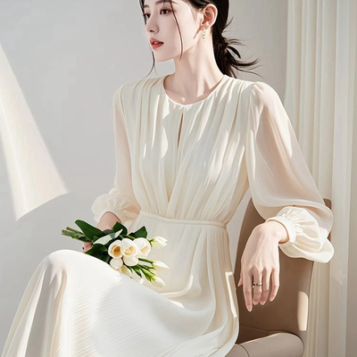 春夏季欧货高级感收腰长裙显瘦显白超仙森系白色长袖连衣裙