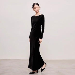 高端丝绒连衣裙鱼尾裙斜裁长袖修身显瘦收腰气质黑色长裙秋冬