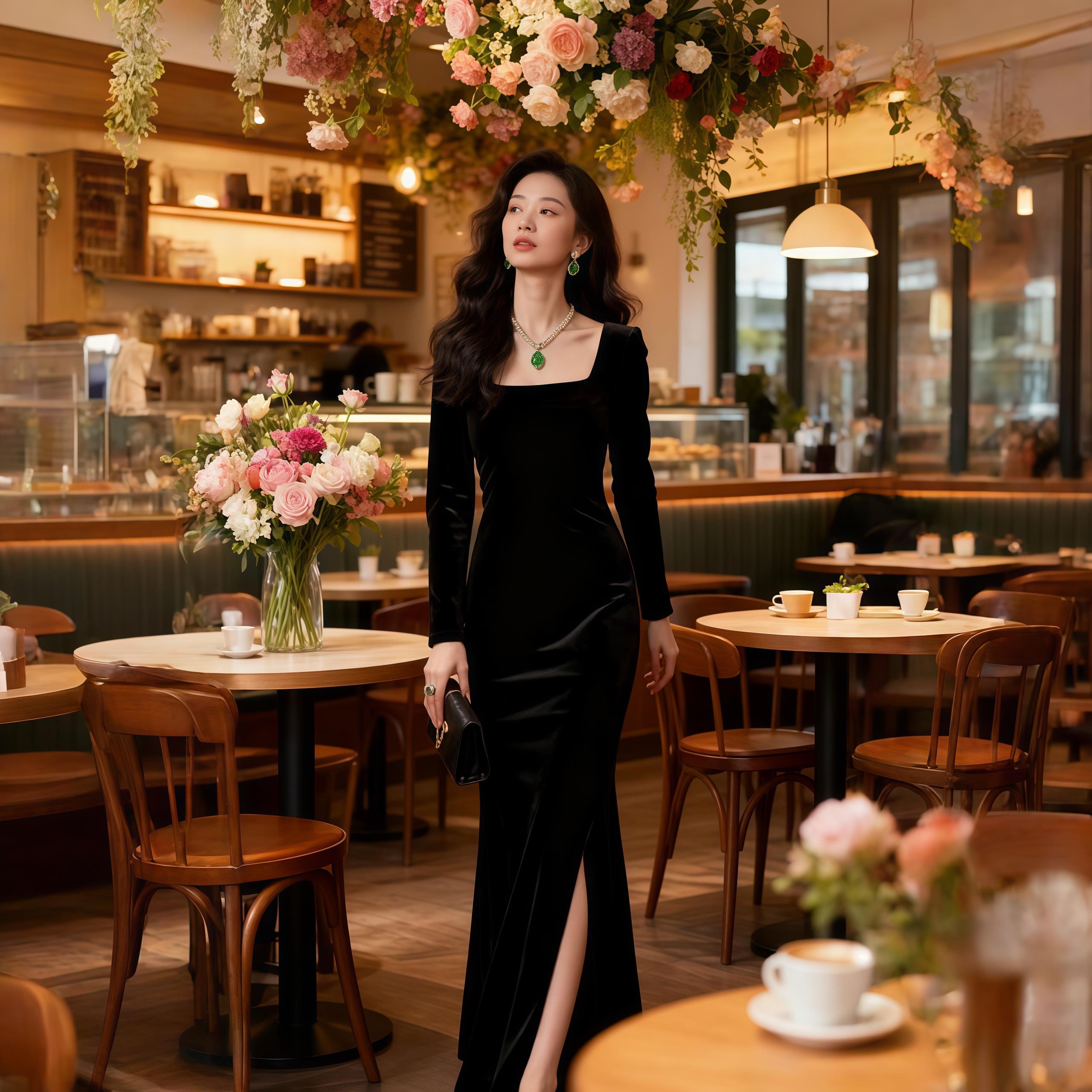 秋冬极简风黑色丝绒方领长袖丝绒连衣裙女修身长款前开叉轻礼服