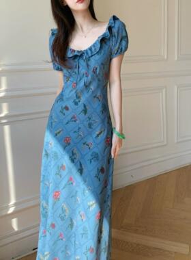 超显白夏季法式蓝色长裙子斜裁显瘦荷叶领收腰短袖气质连衣裙