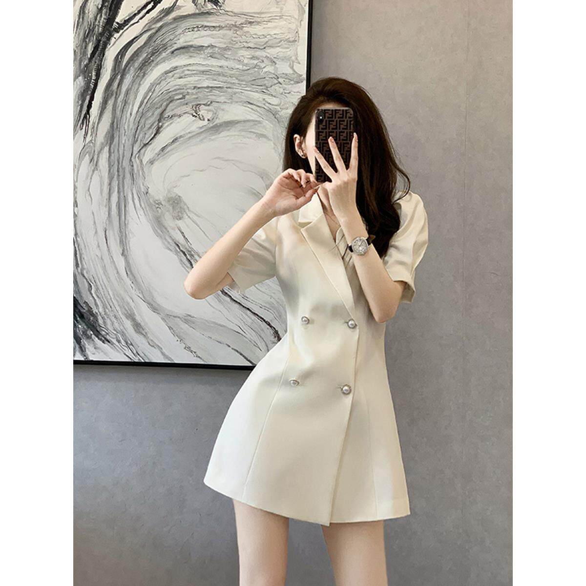 夏季2025新款法式茶歇裙高级感设计感小众小个子白色西装连衣裙女