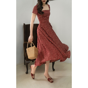 法式复古大方领波点连衣裙夏季高腰显白显瘦赫本风A字大摆裙