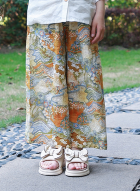 知了童装 女童夏季宽松休闲长裤全棉印花阔腿裤儿童防蚊裤子55351