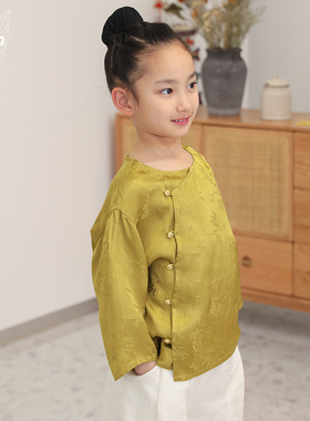 知了童装 女童中大童秋装新中式七分袖衬衫提花宽松圆领衫55106