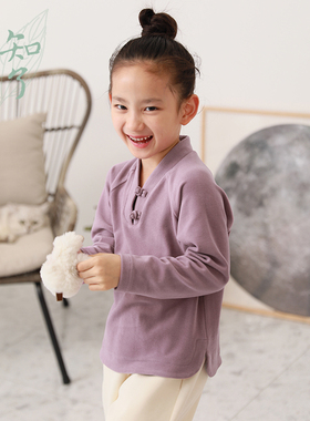 知了童装 秋冬新款女童磨毛打底衫儿童中式盘扣长袖T恤大童52242