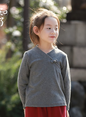 知了童装 秋冬女童文艺长袖T袖中大童磨绒针织中式打底衫K3907