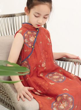 知了童装 女童夏季无袖连衣裙丝麻印花背心裙儿童改良旗袍55321