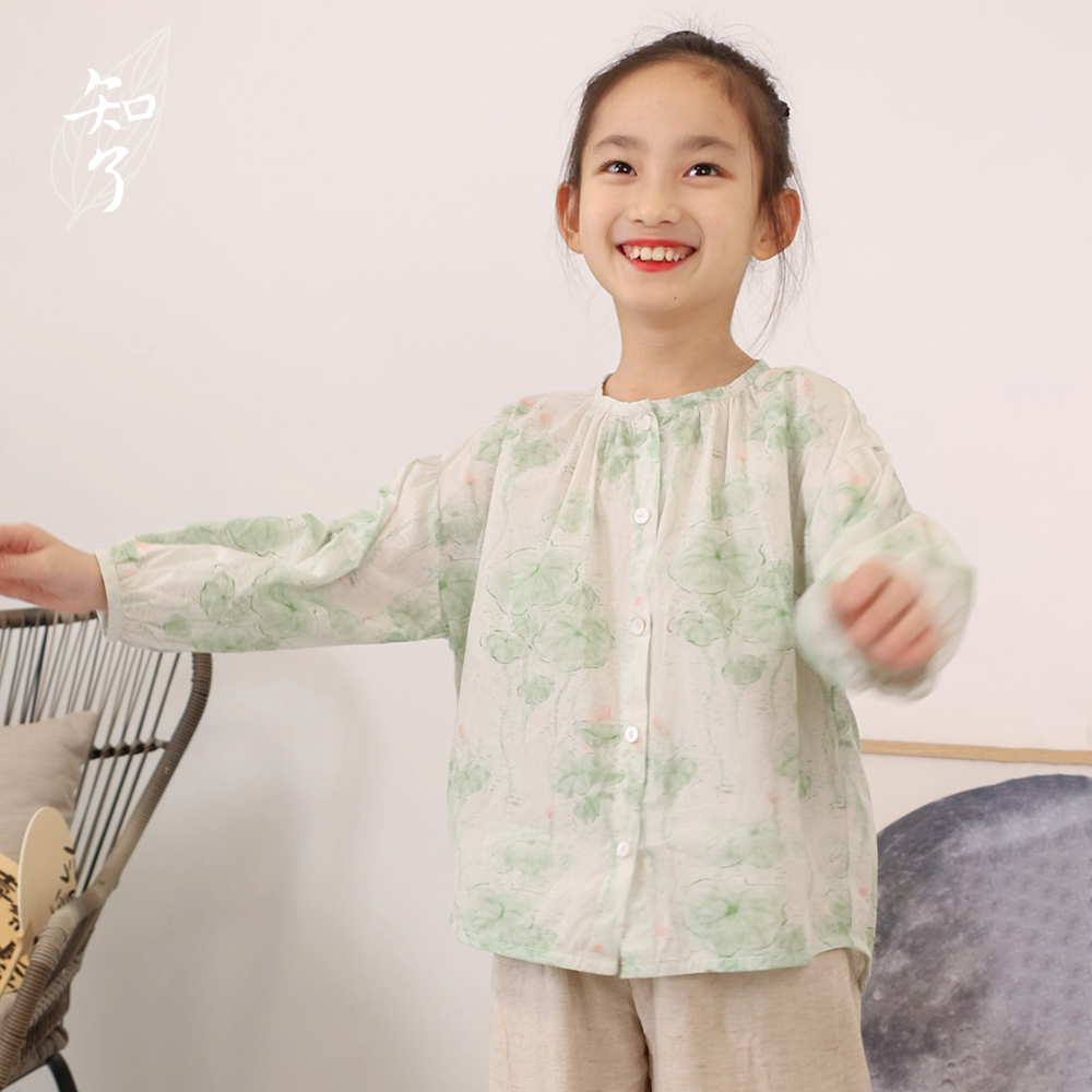 知了童装全棉府绸七分袖印花衬衫