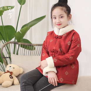 知了童装 女童新中式锦缎提花棉衣毛领外套中国风红色新年装55623
