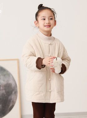 知了童装 女童中国风中长款棉衣圆领加绒厚外套儿童冬装52250