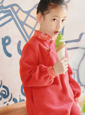 知了童装 女童冬款摇粒绒旗袍儿童拜年服长袖连衣裙卫裙厚52222