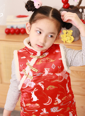 知了童装 女童中国风冬装加厚锦缎夹棉加绒旗袍儿童背心裙52232