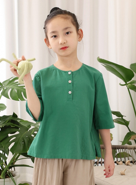 知了童装 春夏新款简约纯色中袖圆领衫棉麻衬衫儿童女童上衣55312