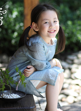 知了童 装春夏女童七分袖中式长袍宽松双层连衣裙儿童K3597