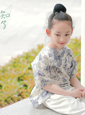 知了童装 新中式女童宽松印花衬衫短袖圆领套头衫夏季上衣55152