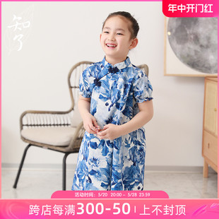 知了童装 连衣裙儿童旗袍全棉夏季 52139 女童改良中国风短袖