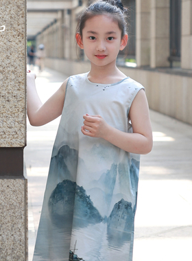 知了童装 女童夏季无袖连衣裙宽松全棉国风印花背心裙儿童55365