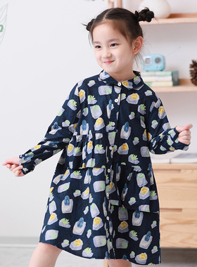 知了童装 秋装儿童印花衬衫裙女童宽松全棉长袖连衣裙51121