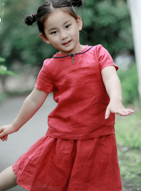知了童装 夏款纯苎麻短袖半裙唐装套装女童中式圆领上衣儿童K3508