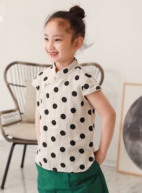 知了童装 女童夏装中式立领旗袍上衣纯亚麻短袖衬衫儿童53173