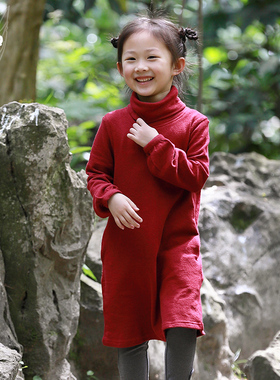 知了童装 秋冬女童全棉高领毛衣裙长袖宽松长款卫衣上衣 K2599