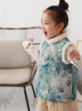 知了童装 女童加绒夹棉锦缎马甲加厚棉背心儿童中国风冬装53132
