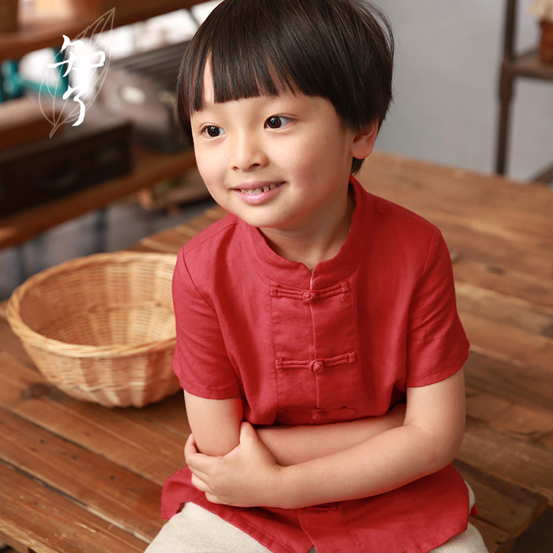 知了童装 夏装男童棉麻中式立领盘扣短袖衬衫衬衣上衣 K2245