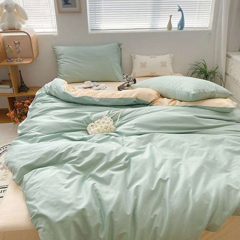 小清新被套绿色拼色纯棉纯色床单田园床笠1.5m四件套可定制四季款