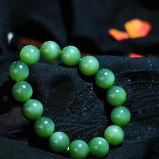 正品碧玉手串女款单圈玉石手链老坑菠菜绿玉珠子手饰圆珠满色猫眼