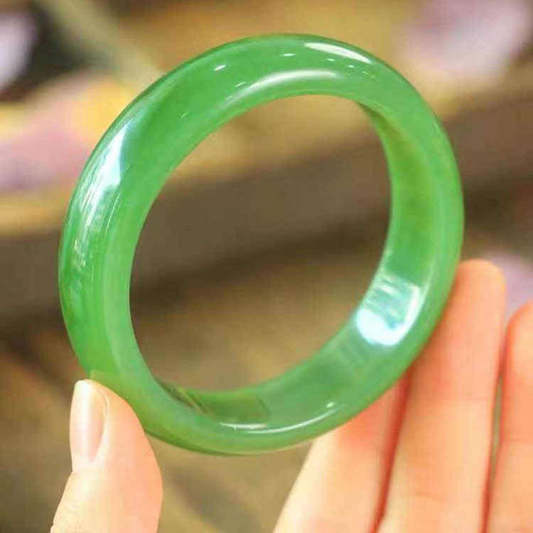 和田玉碧玉手镯天然玉石菠菜绿宽条玉镯子正品女款玉镯子送证书