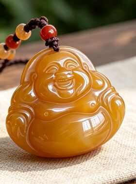 【玛瑙吊坠】29号孤品天然冰种玛瑙吊坠橙色笑佛吊坠规格40x45mm