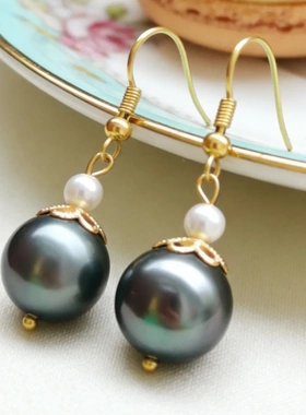 【珍珠耳环】天然贝壳黑色珍珠耳环珠子12mm925镀金国风百搭耳环