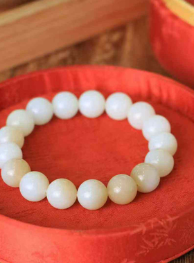 天然且末羊脂白玉籽料圆珠手链