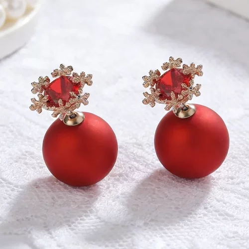 新年雪花锆石红珠耳钉轻奢高级感本命年气质耳坠珠子直径12mm