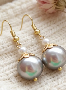 【珍珠耳环】天然贝壳灰色珍珠耳环珠子12mm925镀金国风百搭耳环