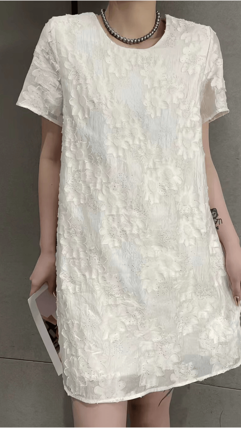 欧洲站2024新款夏装欧货圆领气质修身立体浮雕提花真丝连衣裙短裙