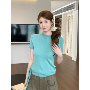 韩系薄荷绿立领系带针织短袖T恤女夏季薄款高级感百搭通勤上衣