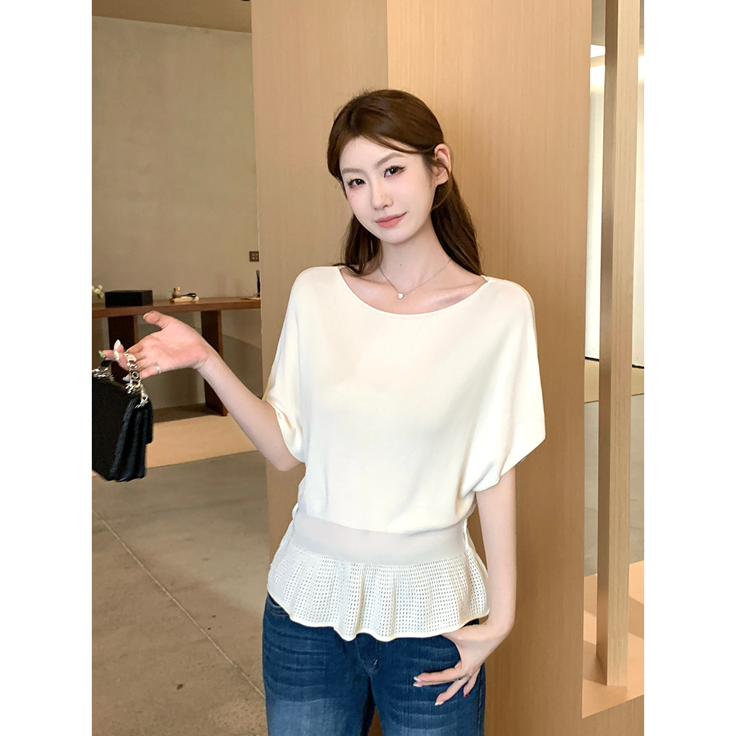 一字领蝙蝠袖针织收腰上衣女2026夏季荷叶边下摆显瘦气质百搭短袖