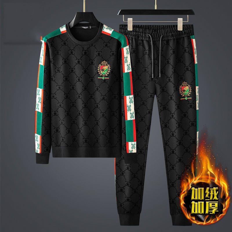 欧洲站潮牌套装男秋冬季加绒新款刺绣时尚潮流休闲运动卫衣两件套