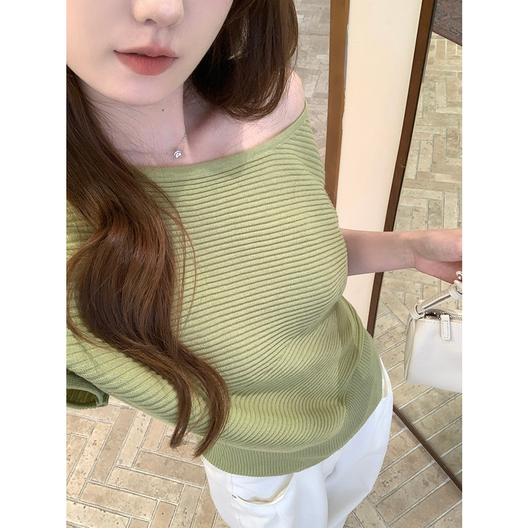 韩系绿色一字领斜肩针织短袖T恤女初夏绝美巨好看的独特上衣