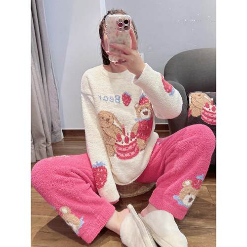 秋冬加厚保暖小熊睡衣套装女