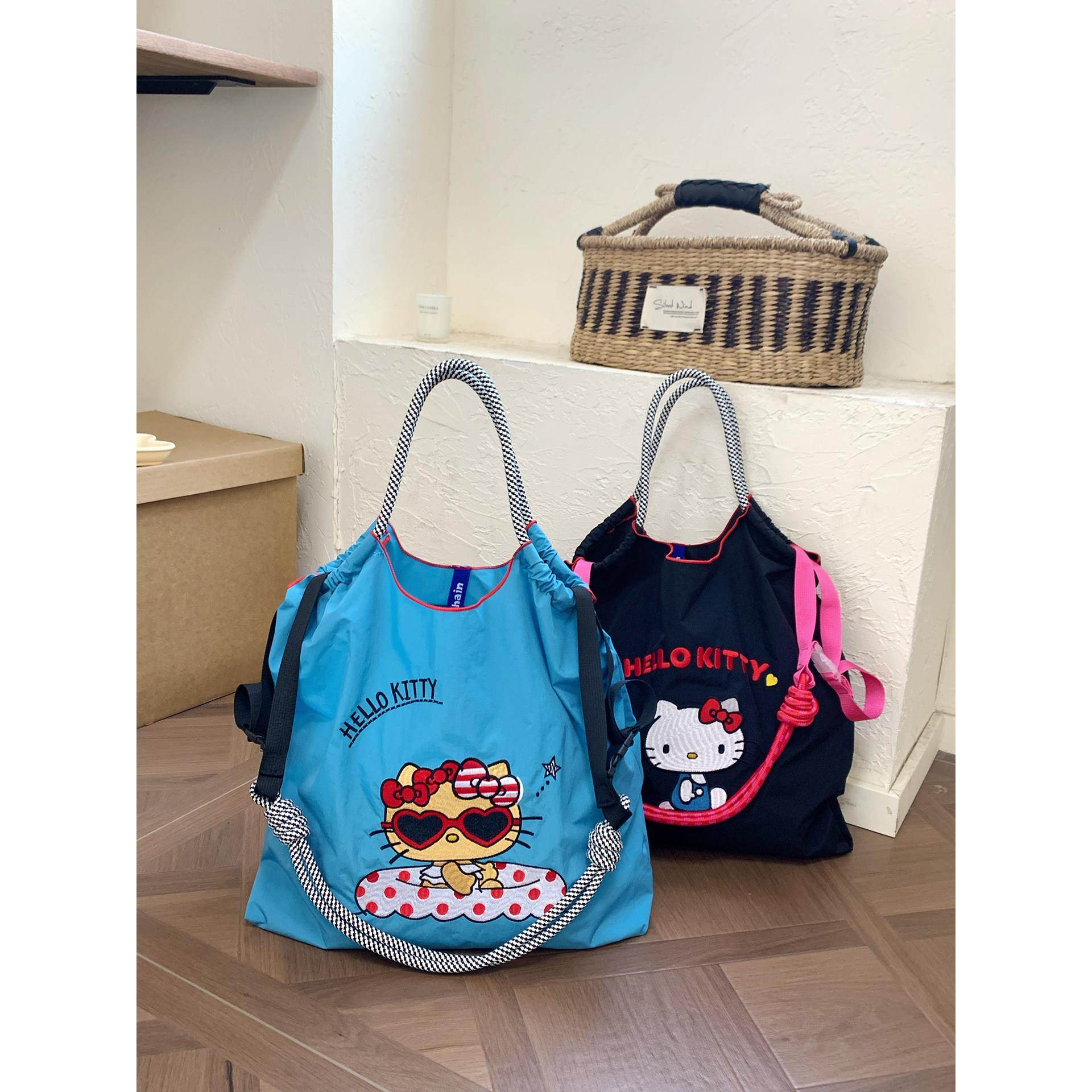 日本代购HelloKitty刺绣购物袋大容量凯蒂猫百搭环保袋单肩斜挎包