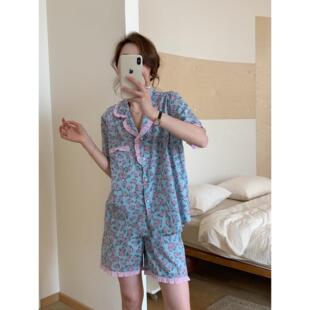 日本you gelato pique泫雅同款睡衣女夏蓝色玫瑰花蝴蝶结家居服