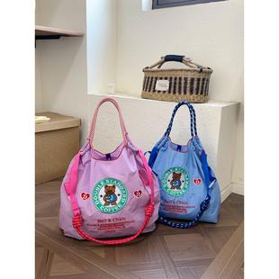 日本代购ball chain咖啡熊刺绣购物袋百搭尼龙环保袋单肩斜挎包女